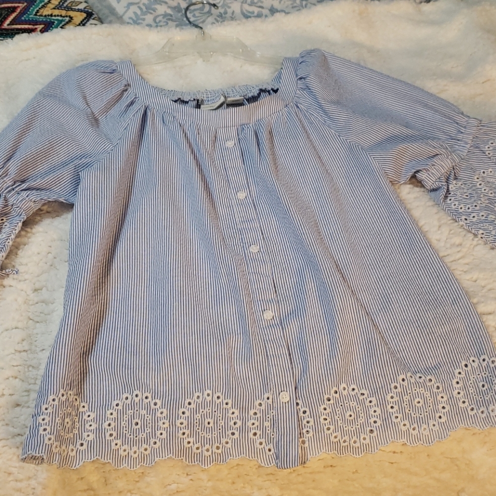 blue lacy blouse with bell sleeves